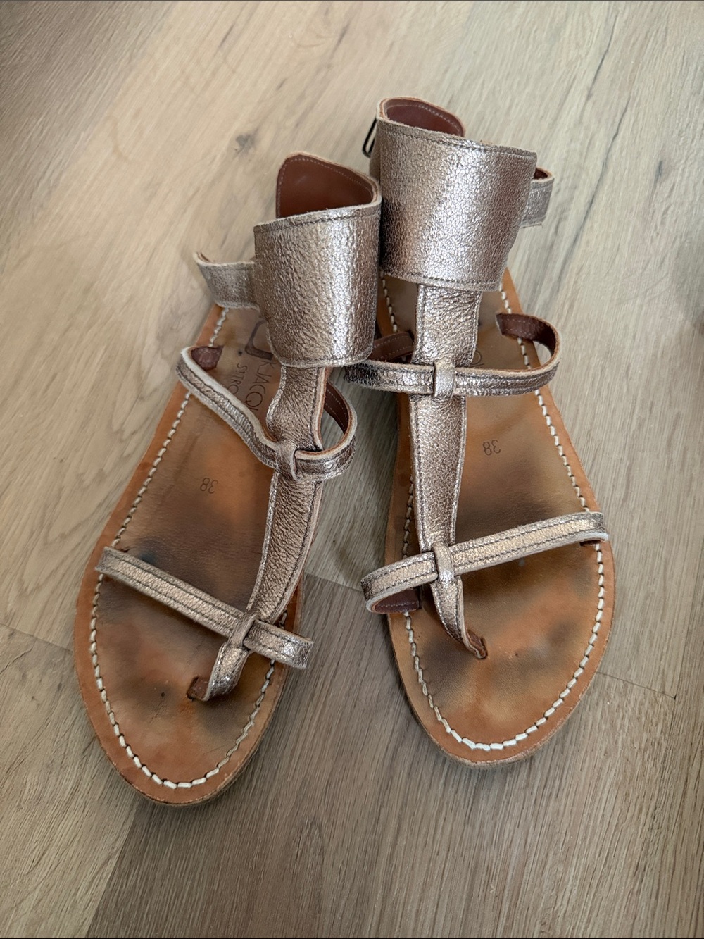 K.Jacques Metallic Rose Gold Leather T-Strap Sandals